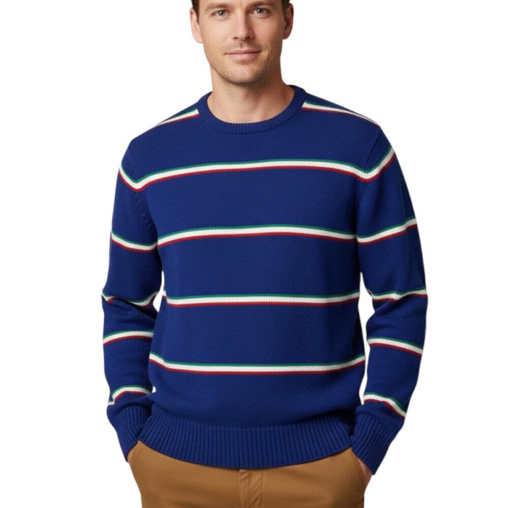 Vintage Boston Traders Mens Knit Sweater Striped Crew Neck Tight Knit Med Navy